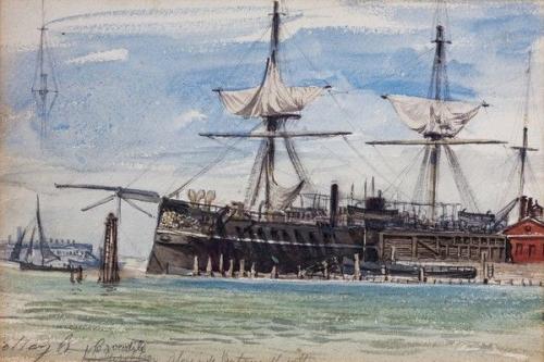 A set of three pen, ink and water colour sketches by Montague Dawson