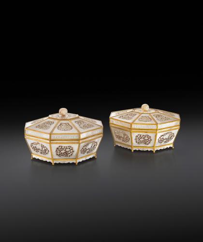 A Pair of Chinese Gilt Metal Mounted Mother of Pearl Boxes and Covers, Qing Dynasty, Qianlong Period, 1736-1795