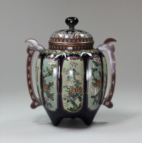 A fine silver-wired Japanese cloisonné eight-lobed twin-handled koro and cover, Meiji period