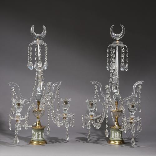 Pair of George III Style Cut-Glass and Gilt-Bronze Mounted Two-Light Candelabra