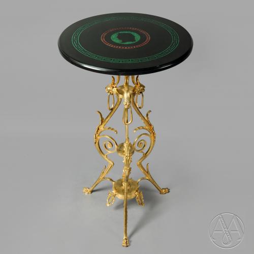 An Unusual Neoclassical Style Gilt-Bronze Gueridon With An Inlaid Black Marble Top, Attributed to Ferdinand Barbedienne and Louis-Constant Sévin.  French, Circa 1860. 