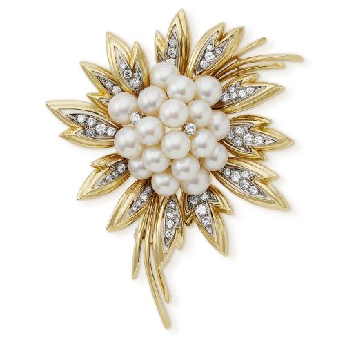 1970's 18ct yellow gold, diamond and pearl flowerhead brooch by Tiffany & Co