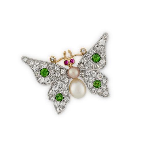 Diamond, green garnet and pearl butterfly brooch