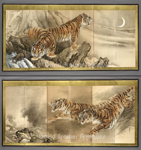 6 fold Japanese paper screens depicting 2 tigers 