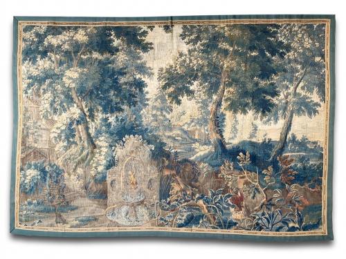 Verdure garden landscape tapestry with a fountain. Flemish, c.1680
