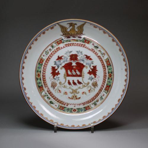 Chinese famille verte armorial saucer dish, c. 1717, Kangxi (1662-1722)