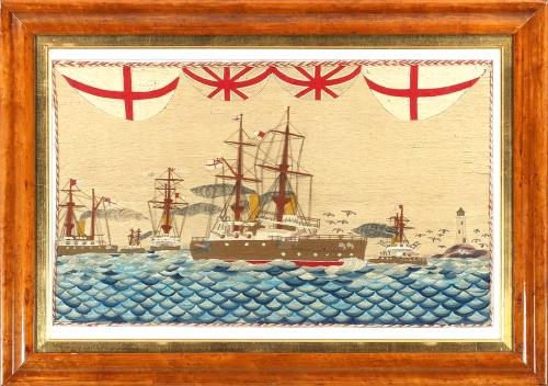 British Sailor's Woolwork of Five Battleships on a most Unusual Scallop-shell Shaped Waves