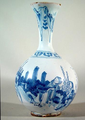 German Faience Blue & White Chinoiserie Trumpet-neck Bottle Vase, Circa 1680-90