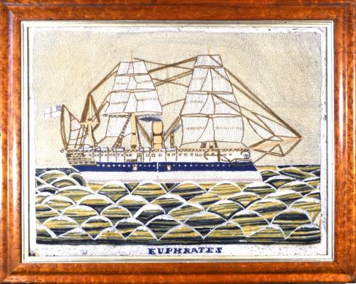 English Sailor's Woolwork Picture of HMS Euphrates, Circa 1890