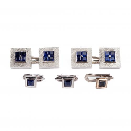 Art Deco Cufflinks & Studs Cartier Style in 18 Karat Gold with Square Sapphires, USA circa 1935.