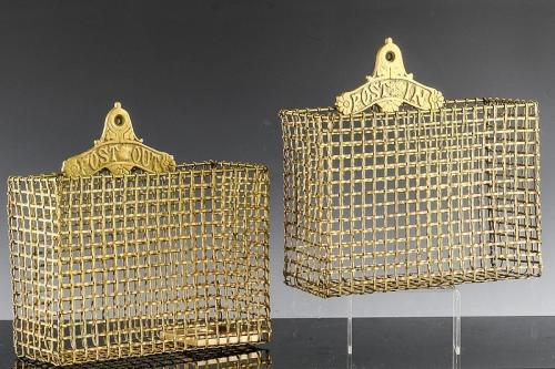 Victorian Gilt Metal Wire Hanging Letter Baskets - Post In & Post Out, Circa 1875