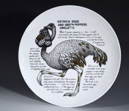 Vintage Piero Fornasetti Recipe Plate, Ostrich Eggs and Green Peppers Omelette, Made for Fleming Joffe, Silkscreen & Transfer, 1960s