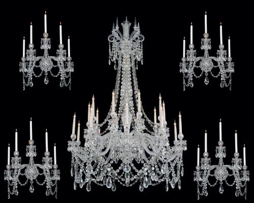An Important Large Suite by F & C Osler Consisting of a Twenty Light Chandelier and Four Five Light Wall Lights