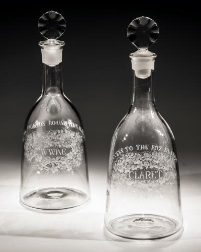 A Finely Engraved Pair of Labelled Mallet Decanters