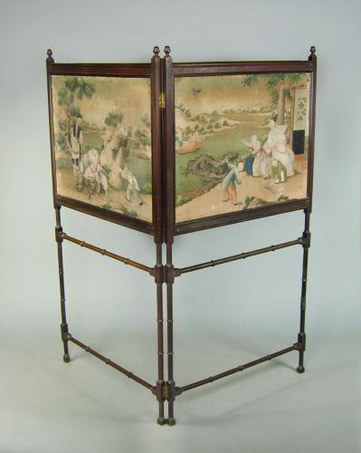 George III mahogany fire screen with Chinese watercolours, circa 1770