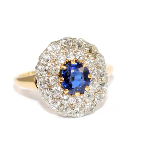 Edwardian Sapphire and Diamond Double Border Cluster Ring circa 1920