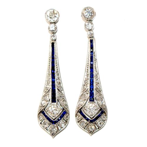 Art Deco French Sapphire and Diamond Drop Earrings circa 1930
