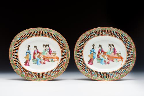 Chinese porcelain oval dishes with open work rims, Daoguang.