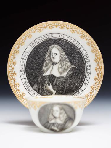 Chinese export porcelain tea bowl and saucer with the portrait of JOANNES COCCEIUSS, Qianlong.