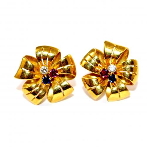 Ruby, Sapphire & Diamond Gold Earrings c.1980