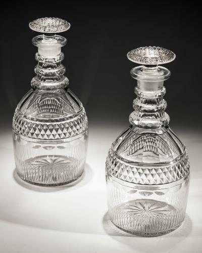 A Pair of Slice and Flute Cut Georgian Decanters with Diamond Band