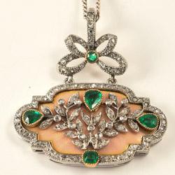 Edwardian enamel diamond and emerald platinum set pendant, circa 1910