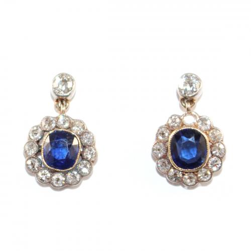 Edwardian Sapphire and Diamond Daisy Cluster Drop Earrings circa 1920