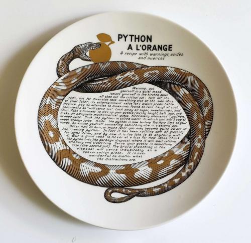 Piero Fornasetti Fleming Joffe Porcelain Recipe Plate, Python a la Orange, 1960s-1974