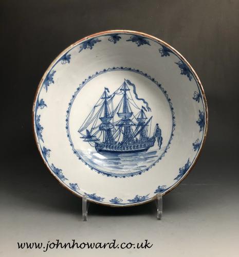 Liverpool delftware pottery ship bowl mid 18th century England