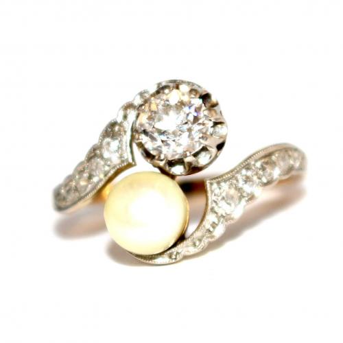 Edwardian Pearl & Diamond Crossover Ring c.1915