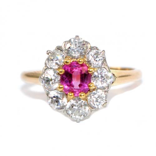 Edwardian Pink Sapphire & Diamond Cluster Ring c.1920