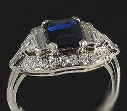 Natural Sapphire, Baguette and Round Diamond Art Deco Ring, circa 1920
