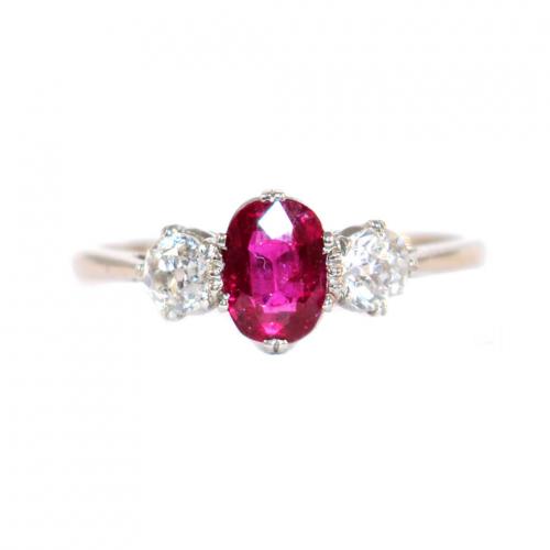 Art Deco Ruby & Diamond 3 Stone Ring c.1925