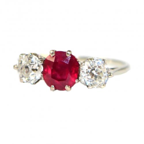 Art Deco Ruby & Diamond 3 Stone Ring c.1925