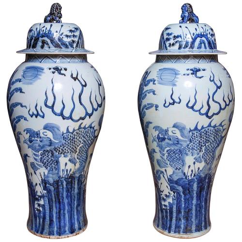 Vases and Covers Pair of Chinese Blue and White Porcelain Garniture Baroque
