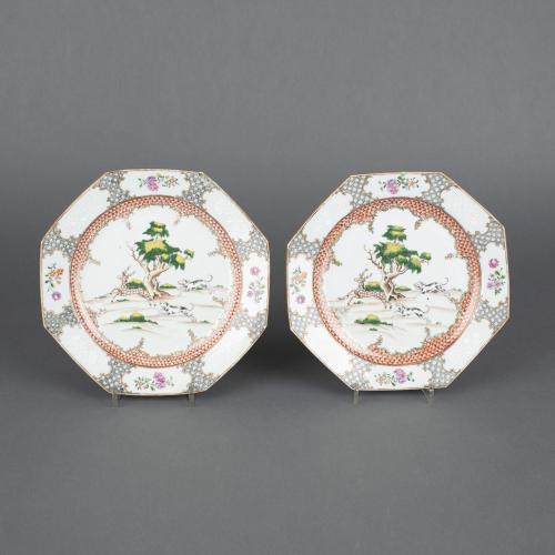 A pair of  Chinese export porcelain famille rose octagonal plates, Qianlong, 1736-1795