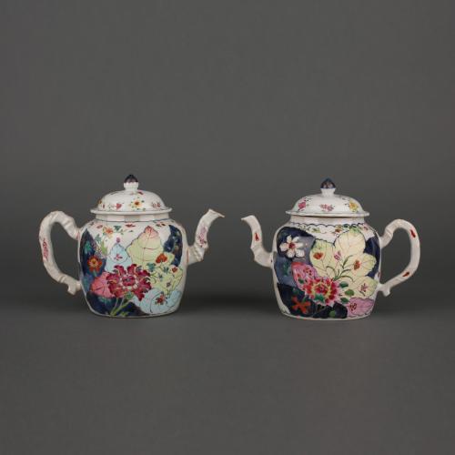 Pair of Chinese porcelain famille rose tobacco leaf tea pots, Qianlong 1736-1795