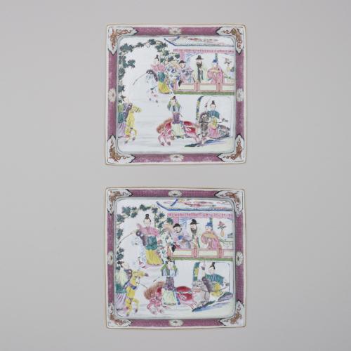 A pair of Chinese porcelain famille rose square dishes, Yongzheng, 1723-1735