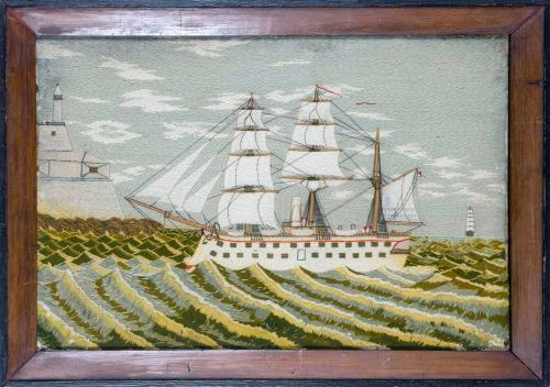 British Sailor's Woolwork Picture of a Ship on Unusual Green Sea, Circa 1875