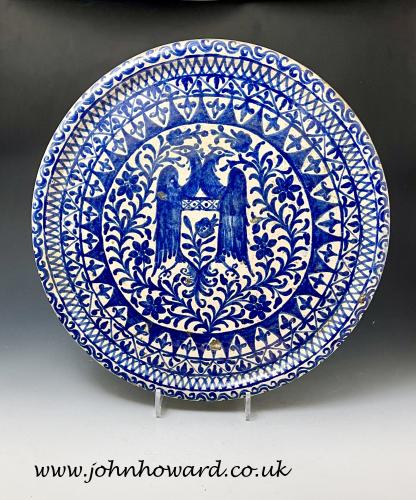 Spanish pottery large blue and white dish with two eagles and shield 18th century