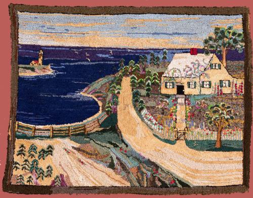 American Folk Art Hooked Rug Depicting a Coastal Scene, Early 20th Century