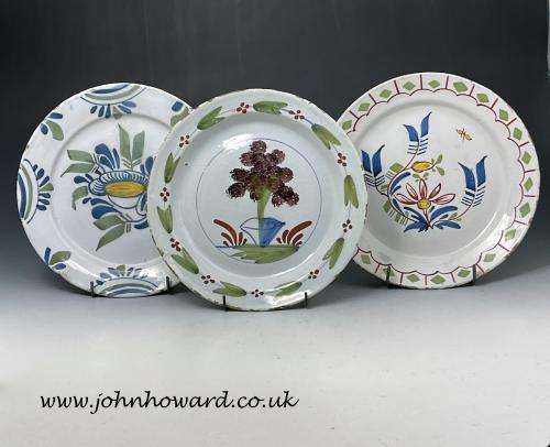 Three decorative English delftware pottery plates London and Bristol 18th century