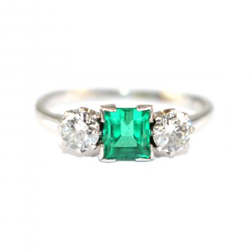 Art Deco Square Emerald & Diamond 3 Stone Ring c.1935