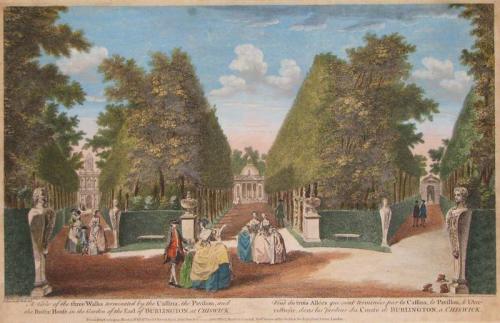 A View of the Three Walks terminated by the Cassina, the Pavilion and the Rustic House in the Garden of the Earl of Burlington at Chiswick.