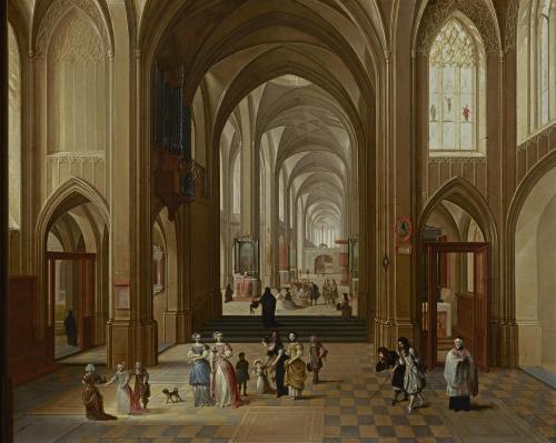 The Interior of Antwerp Cathedral with elegant Figures