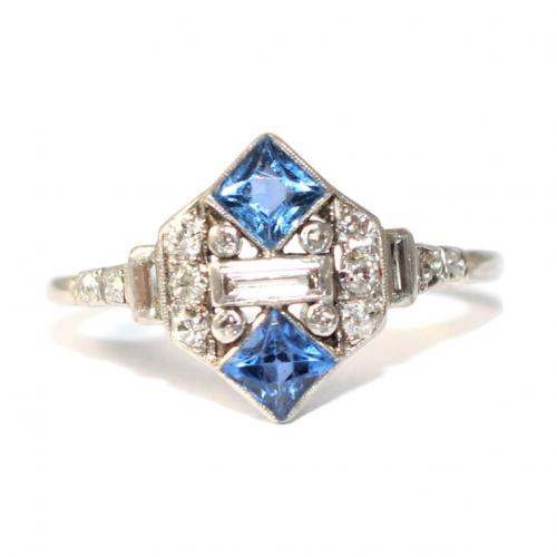 Art Deco French-cut Sapphire & Diamond Ring c.1930