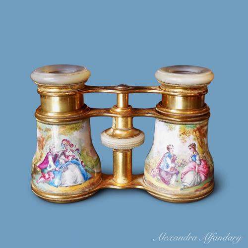 A Pair of Good Enamel and Gilt Brass Opera Glasses, circa 1880-1890