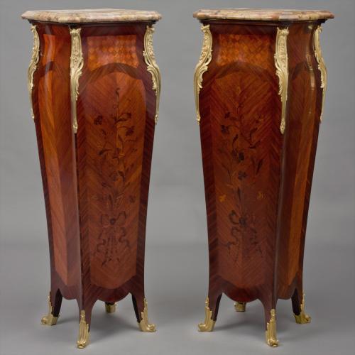 Pair of Louis XV Style Marquetry Inlaid Pedestals, Attributed to Maison Millet