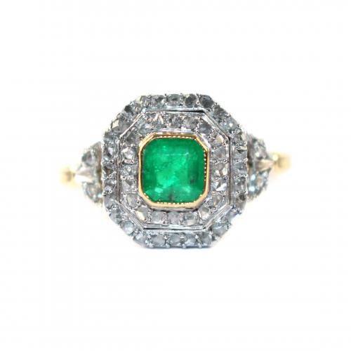 Victorian Emerald & Diamond Cluster Ring - French c.1900
