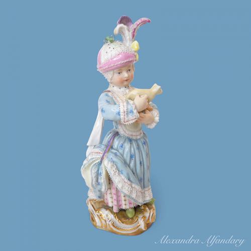 Meissen Porcelain Figure Of A Little Girl Holding Her Toy Lamb, circa 1880